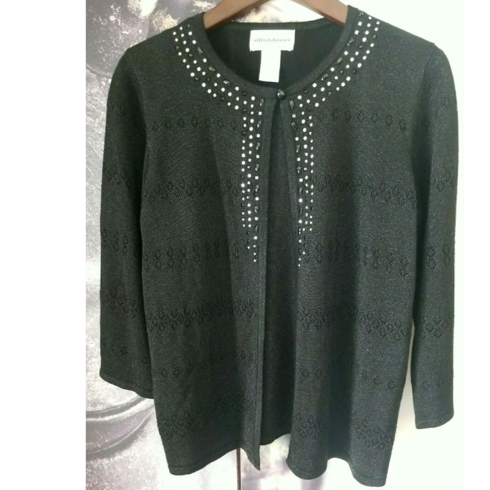 Alfred Dunner Women's Pointelle Mock Layer Embellished‎ Sweater Black NWT Size S
